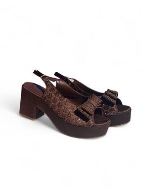 Y2K Brown Rhinestone Bow Platform Heels Fairy Glam Party Shoes Size 39
